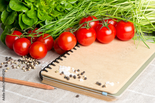open notebook with tomatoes, chives and spices