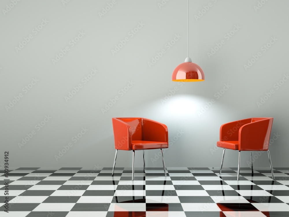 3d Rendering rote Stühle auf Schachbrett Muster