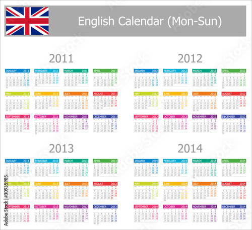 2011-2014 Type-1 English Calendar Mon-Sun