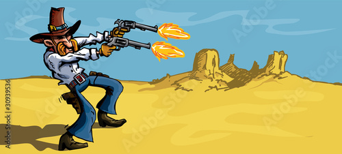 Cartoon cowboy in the desert firing his six guns