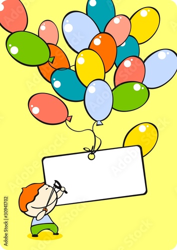 Boy with a slingshot trying to shoot down a balloon