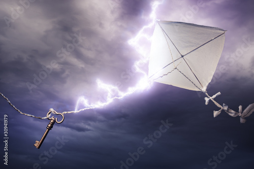 kite getting struck by a bolt of lightning