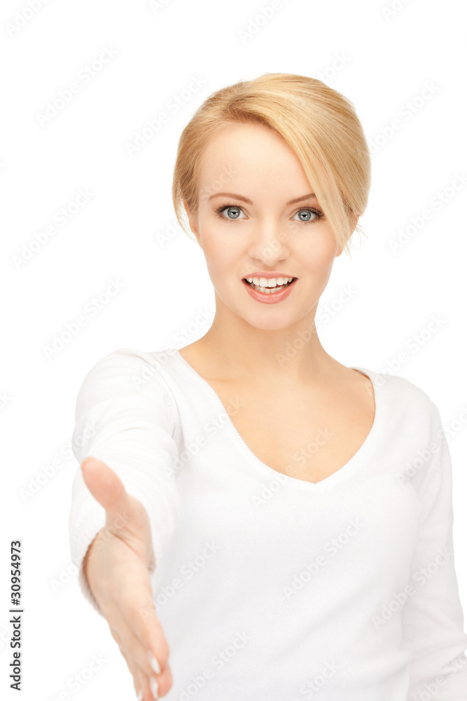 woman with an open hand ready for handshake woman with an open hand ready for handshake
