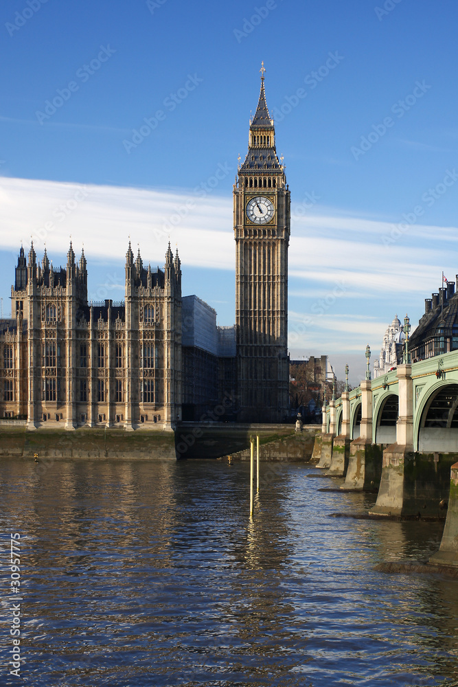 Big Ben with bridge in sunny day,  London, UK