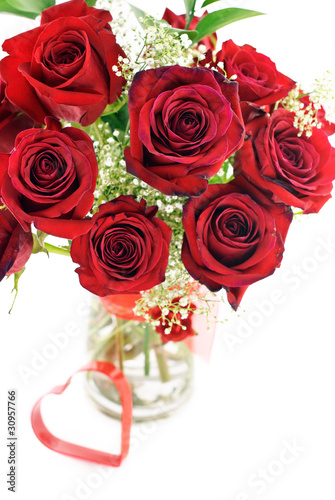 Red Roses In Vase With Heart