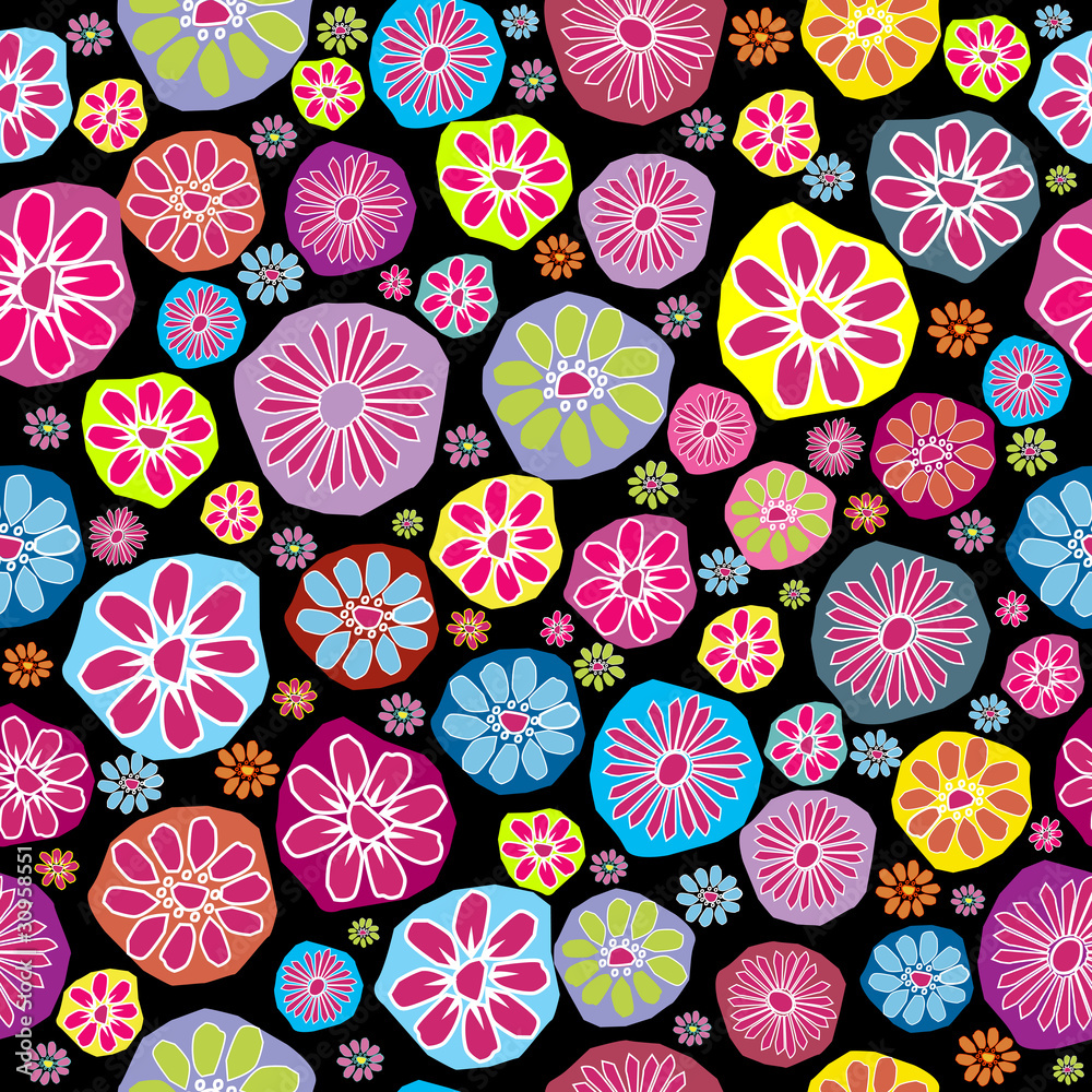 Naklejka premium Seamless pattern with colored flowers on black background