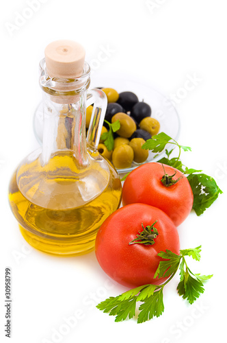 Olive oil, tomatoes and greens