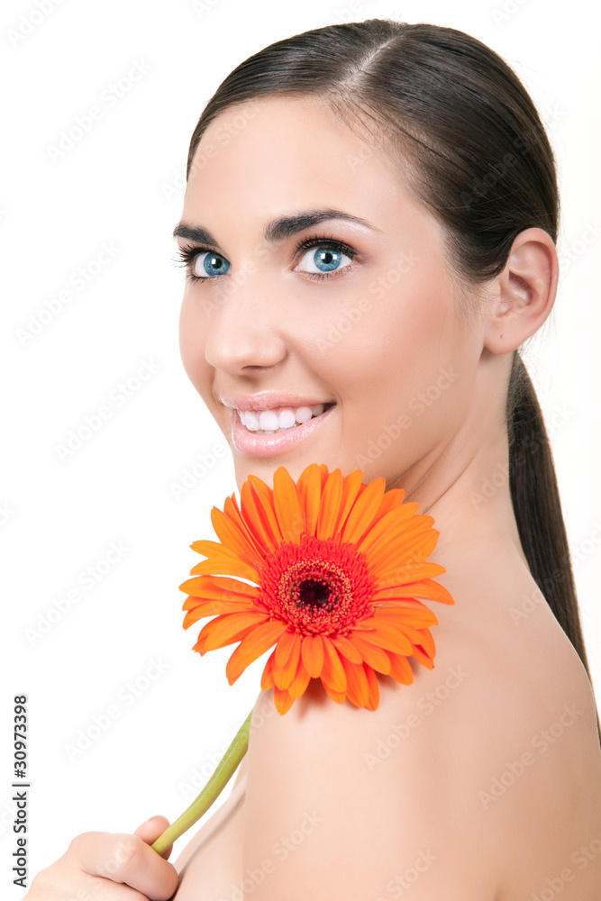 woman with flowers on shoulder