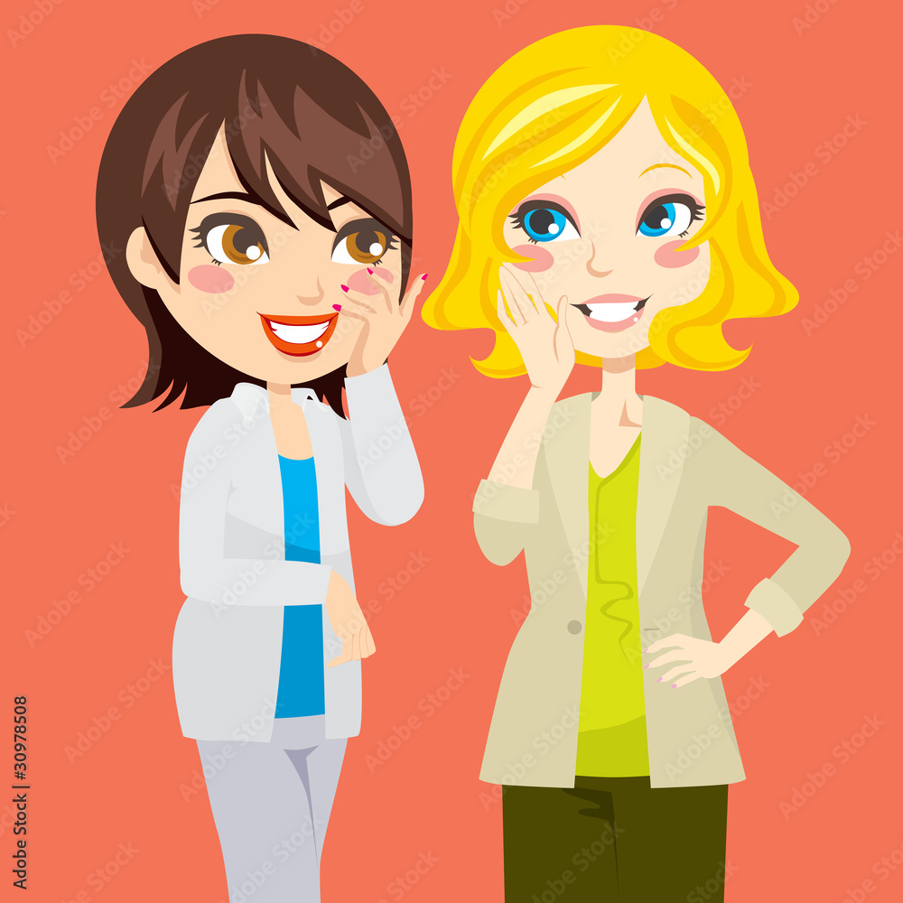 Blond and brunette women gossiping friendly Blond and brunette women gossiping friendly