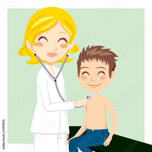 Woman Doctor examining little boy with stethoscope