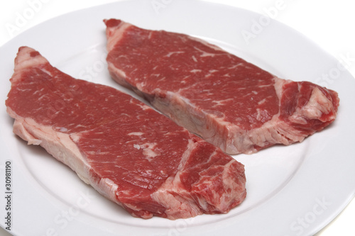 Two Strip Steaks on a White Plate