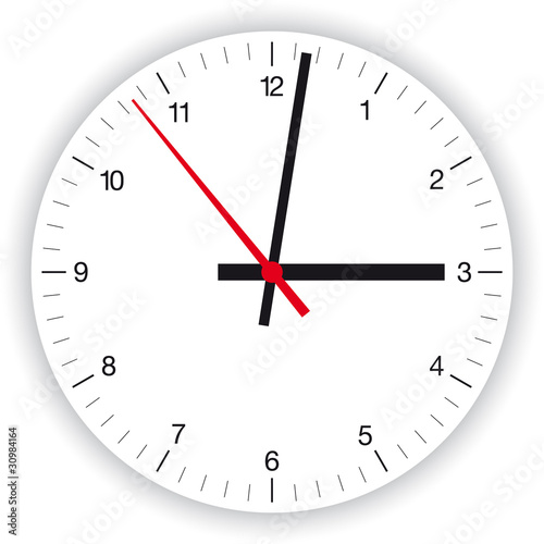 Illustration of a clock face, dial, as part of an analog clock, watch, with black and red pointers. Isolated on white background.