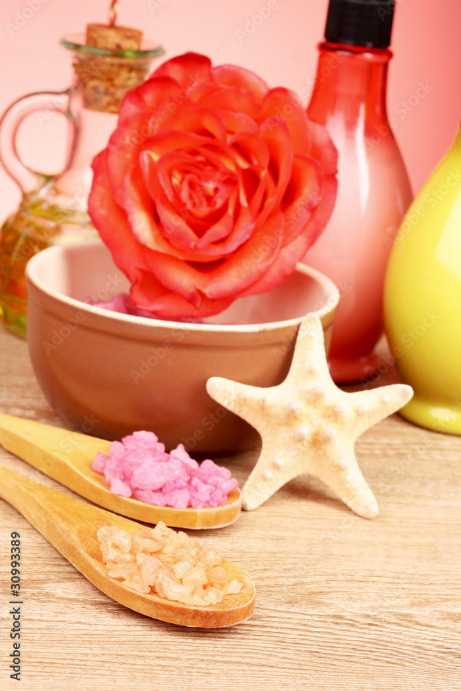 Naklejka premium Bath aromatic salt, rose, soap
