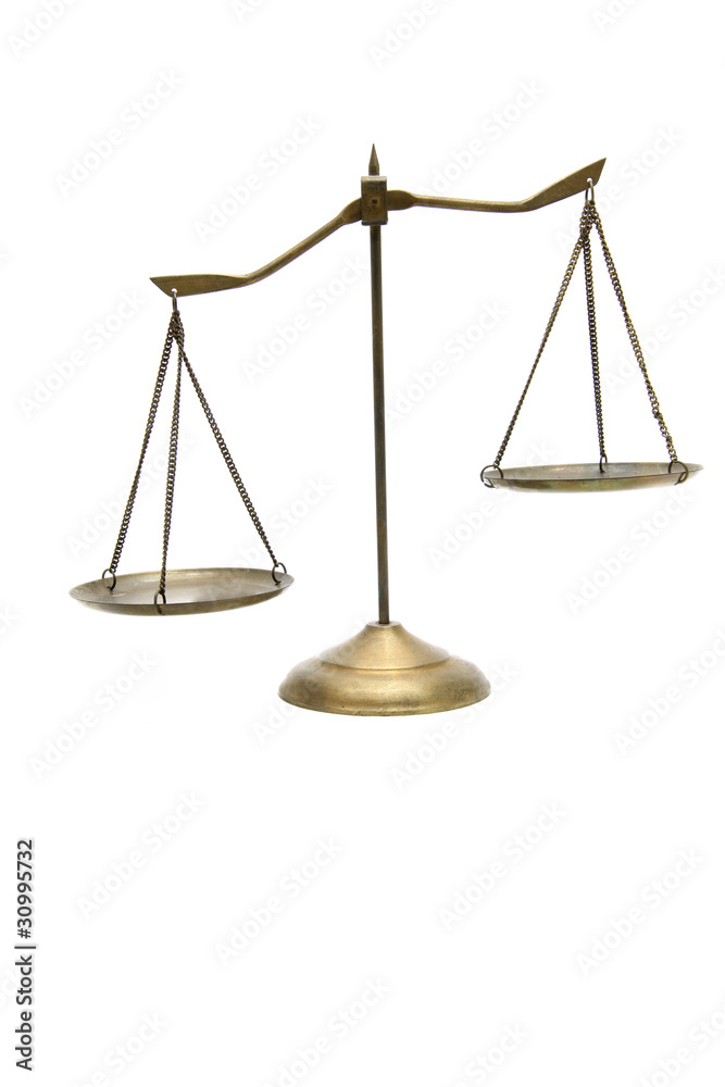 unbalance of golden brass scales of justice on white unbalance of golden brass scales of justice on white