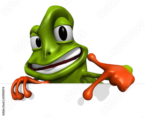 mascotte grenouille qui montre un panneau