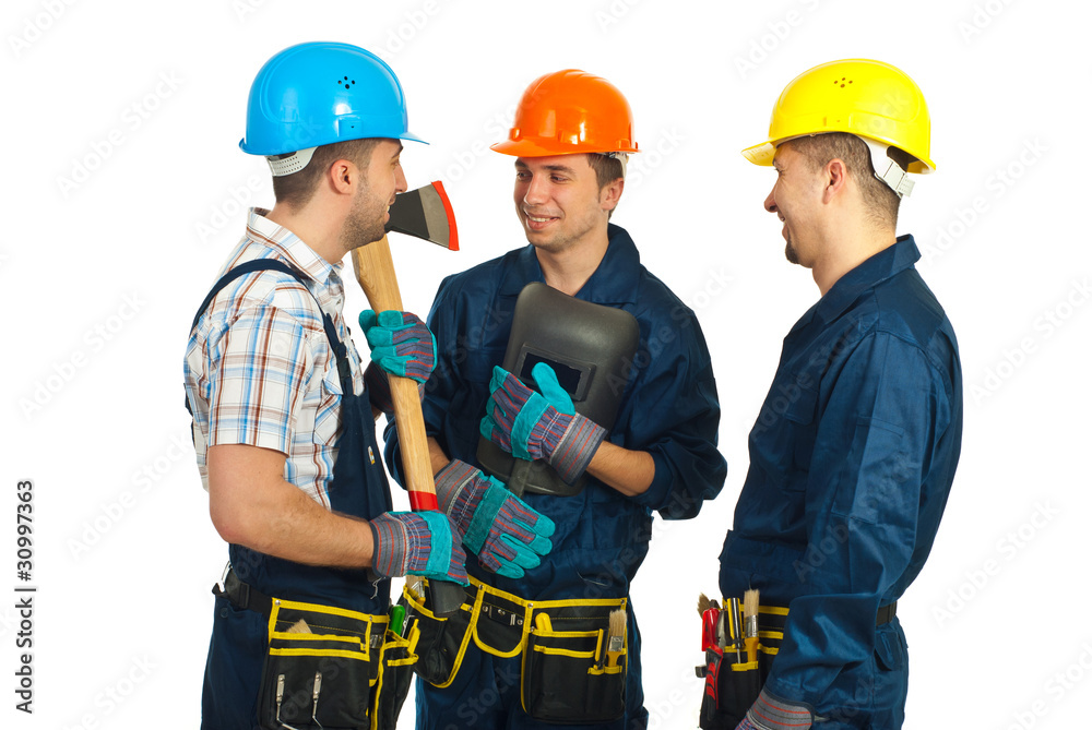 Workers men having happy conversation Workers men having happy conversation