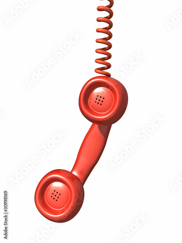 3d Red telephone handset hangs from its wire