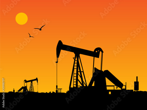 Oil Pump and orange sunset, vector illustration