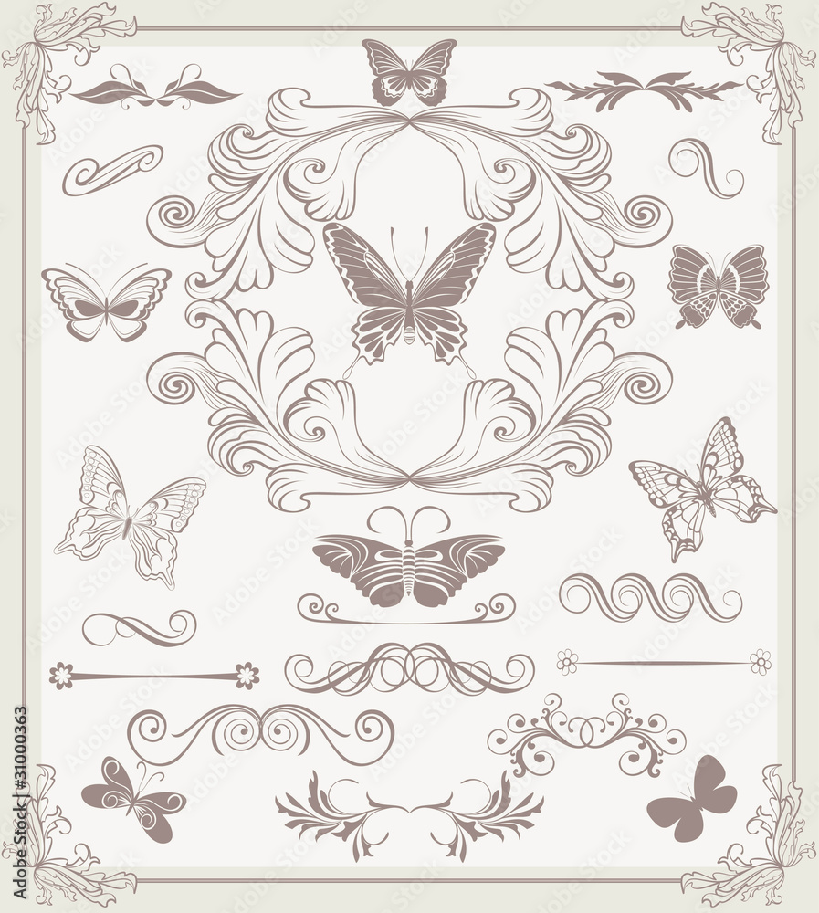Set of vintage stylized butterflies and design elements