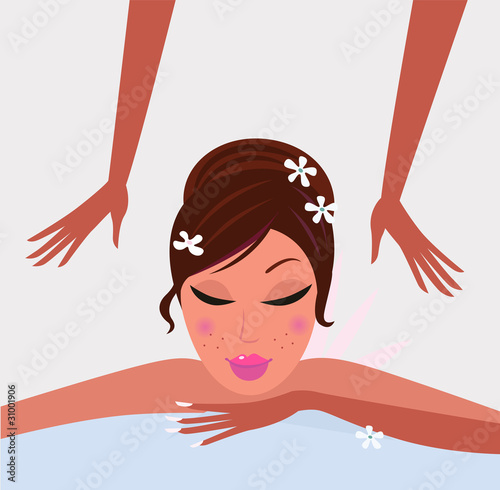 Woman receiving back massage with closed eyes. Vector