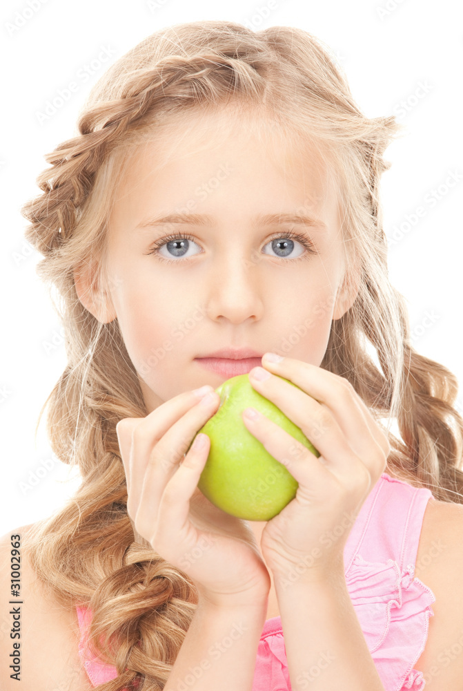 little girl with green apple
