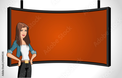 Beautiful cartoon woman with presentation screen