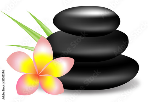 set of the three black spa stones and orchid flower with green leaves isolated on the white background.