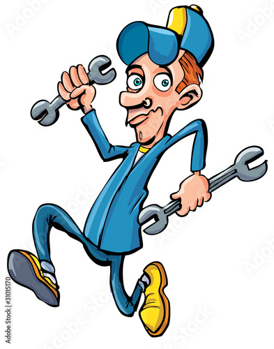 Cartoon mechanic running with his tools
