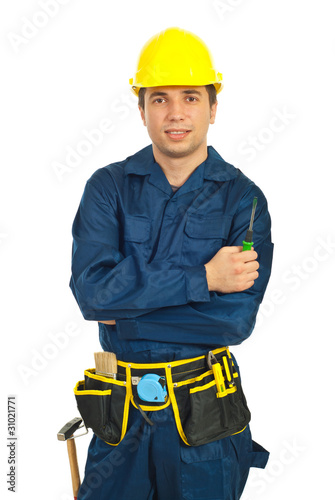 Young worker man holding screwdriver