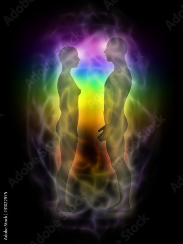 Foto Woman and man silhouette with aura, chakras, energy - profile
