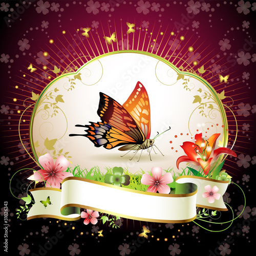 Red butterfly with flowers and ribbon