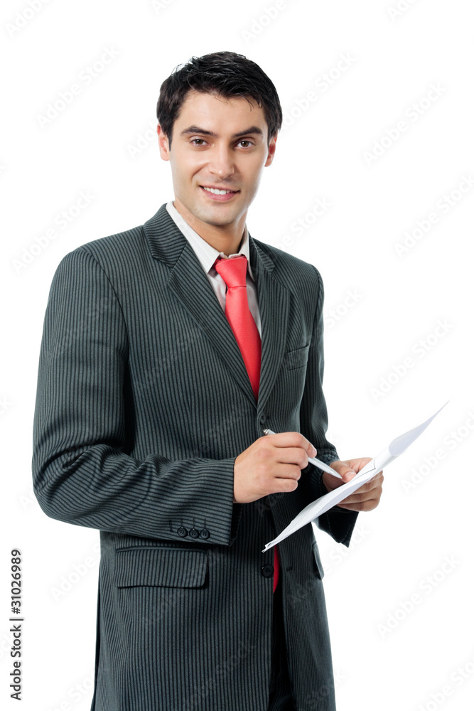 Happy smiling businessman with document, isolated on white Happy smiling businessman with document, isolated on white