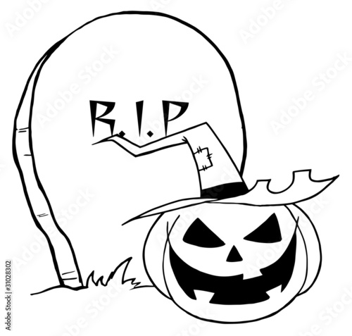 Outlined Jack O Lantern By A Tombstone