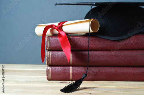 Graduation Mortarboard, Scroll and Books