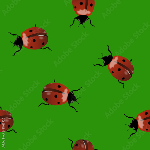 Green seamless background with ladybugs © Elena Kapitonova