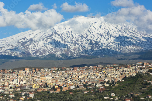View Of Town Under Volcano Etna photo