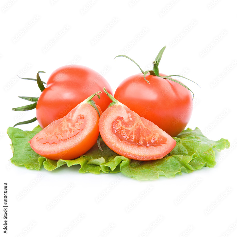 two fresh red tomato with cut isolated on white