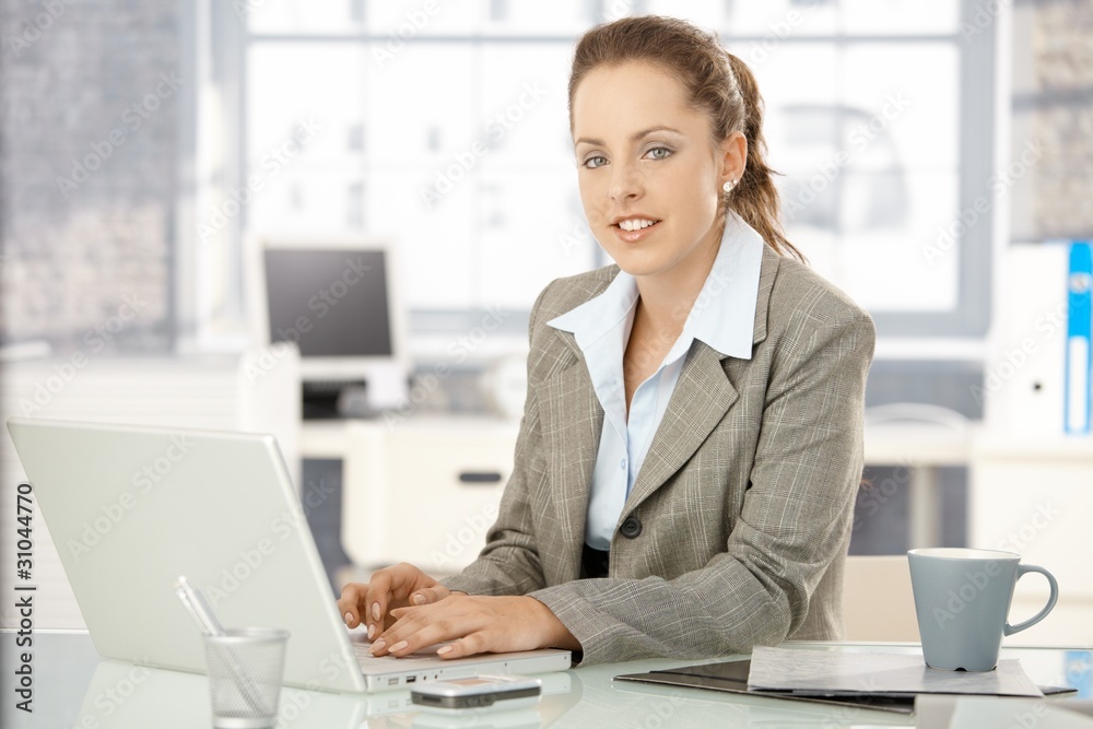 Attractive female working on laptop in office Attractive female working on laptop in office