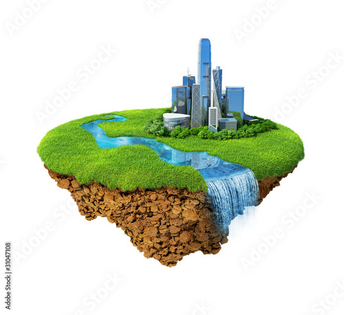 Cityscape on a lawn with river, waterfall. Fancy island series.