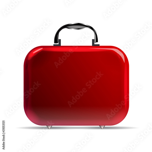 A glossy red suitcase with rounded corners and silvery details