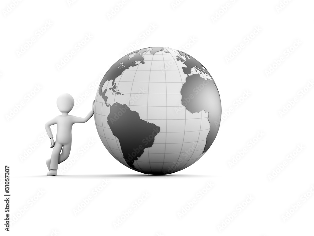 A 3d character with glossy grey globe A 3d character with glossy grey globe