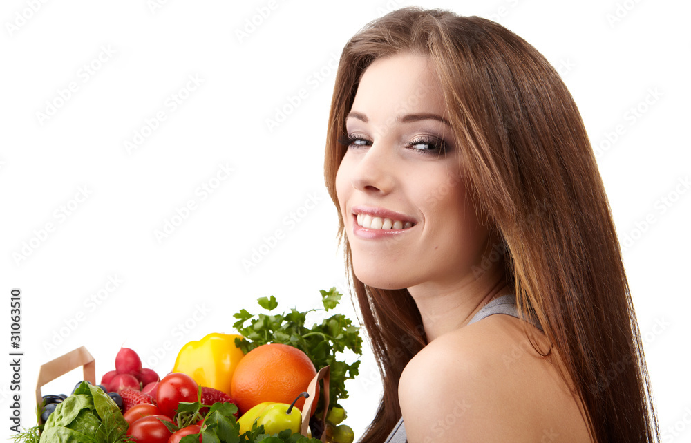woman holding a bag full of healthy food. shopping . woman holding a bag full of healthy food. shopping .