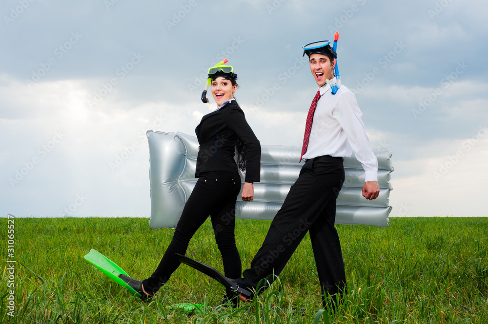 two glad business people going to vacation two glad business people going to vacation