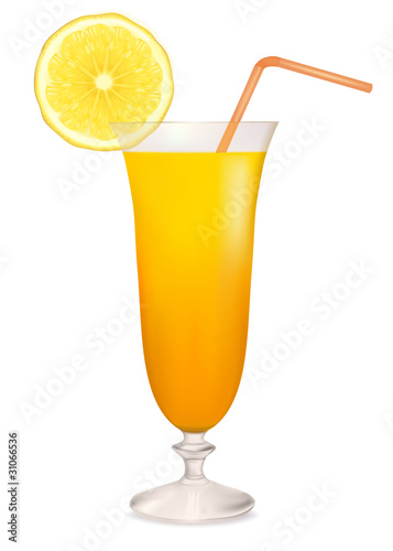 Orange cocktail in glass and lemon slice. Vector illustration.