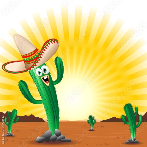 Cactus con Sombrero Cartoon-Cactus with Sombrero-Vector
