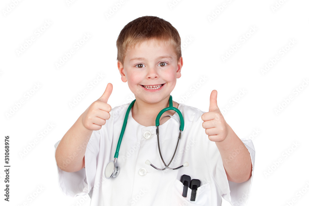 Adorable child with doctor uniform saying Ok