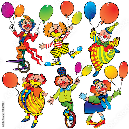 Funny clowns with balloons on a white background.