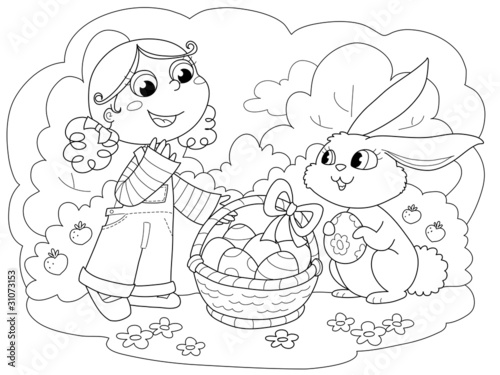 Mała dziewczynka i Wielkanocny królik z jajkami, ilustracja barwić