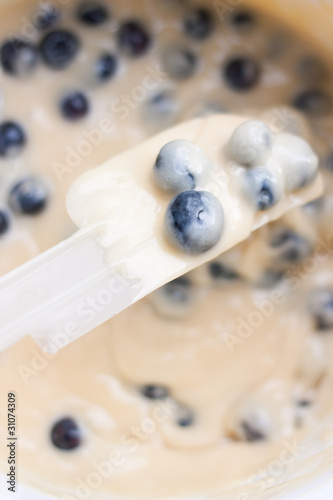 Blueberry muffin batter with spatula