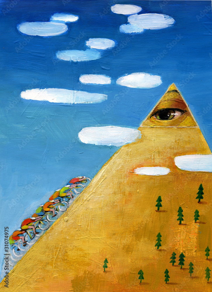 Fototapeta premium Cyclists tend toward a destination represented by the eye of god allegory of spirituality of sport
